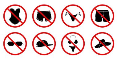 Plaj yasağı tabelası. Çıplak mayo yasak bikini erkek mayo kadın iç çamaşırı resimli fotoğraflarına izin verilmiyor. Vektör izole edildi.