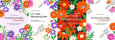 Flowers greeting card. Floral abstract poster with bouquet of colorful blooming flower, spring blossom card with wild flowers. Vector floristic invitation set. clipart