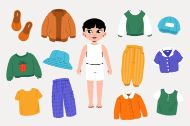 Erkek kağıt bebek. Farklı kıyafetleri olan sevimli çizgi film karakterleri, kıyafetleri olan moda çocuğu kıyafetleri. Vektör kağıt oyunu düz kümesi.