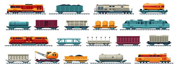 Грузовой тепловоз. Грузовой железнодорожный и угольный вагон, железнодорожные тяжелые транспортные средства, перевозки тяжелых грузов, грузовые логистические концепции. Векторное изолированное множество.