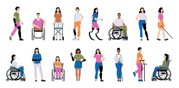 Diverse individuals with disabilities using wheelchairs, prosthetics, crutches and canes. Independence and adaptive lifestyles. Flat vector illustration.