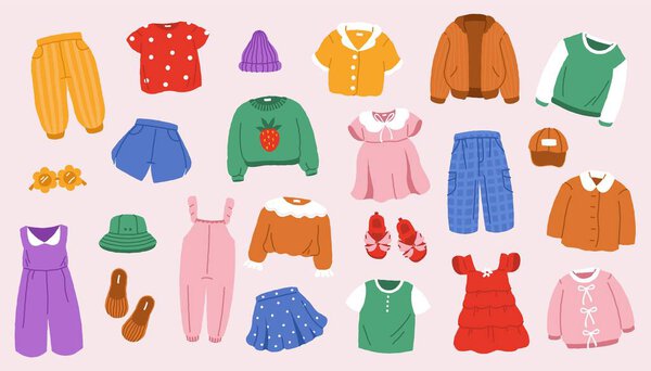 Детская летняя одежда. Мультфильмы симпатичные детские наряды, мальчики и девочки модные детские casual, детские плоские мультики в стиле. Векторное изолированное множество.