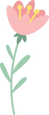 Sarı papatyalı pembe çiçek ve yukarı doğru büyüyen yapraklı yeşil saplı, ilkbahar, aşk ve doğayı temsil eden güzel bir bitkinin basit bir temsili.