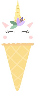 Lezzetli tek boynuzlu at dondurması. Kapalı gözler, altın bir boynuz ve canlı mor bir çiçek yaz tatlıları ve neşeli doğum günü kutlamaları için mükemmel bir sürpriz oluşturur.