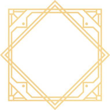 Geometrik şekiller ve karmaşık detayların yer aldığı altın sanat deco çerçevesi, davetiyeler, menüler veya dekoratif etkinlikler için mükemmel, zarif ve klasik bir sınır sunuyor