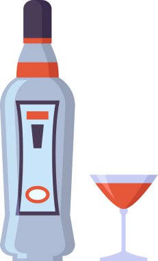 Bir şişe vermut, içinde kırmızı alkollü içecek bulunan bir martini bardağının yanında duruyor. Kokteyl meraklıları için sofistike ve davetkar bir sahne oluşturuyor.