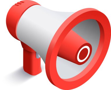 Kırmızı ve beyaz megafon beyaz arka plana gölge düşürüyor, önemli bir duyuru yapıyor, sesi yükseltiyor ve bilgi yayıyor