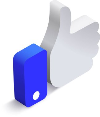 Mavi ve beyaz 3D izometrik işaret onaylama, anlaşma ve olumlu geri bildirim, sosyal medya katılımını temsil eden ve iletişimi teşvik eden