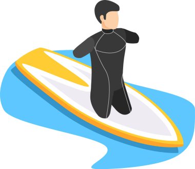 Dalgıç kıyafeti giyen sörfçü, mavi suyun üzerinde diz çöküp sörf, su sporları, yaz aktiviteleri ve tatilleri temsil ediyor.
