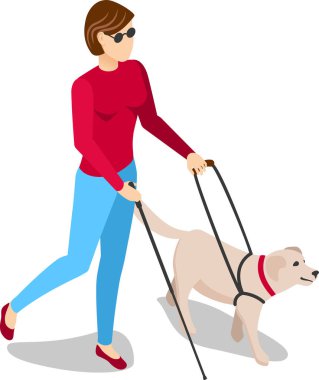 Dışarıda yürüyen görme engelli bir kadın, beyaz bir baston kullanarak sadık hizmet köpeği tarafından yönlendiriliyor, bağımsızlığını kucaklıyor ve köpek arkadaşının arkadaşlığından keyif alıyor.