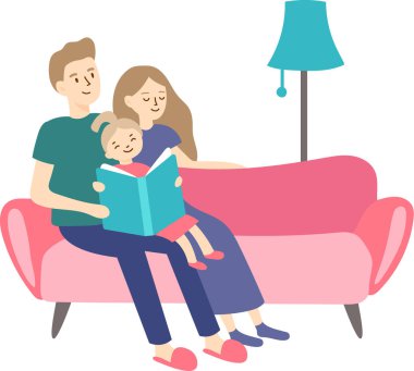 Ebeveynler ve kızları birlikte kaliteli zaman geçiriyorlar, oturma odalarındaki rahat bir kanepede kitap okuyorlar, sıcak ve sevgi dolu bir aile ortamı yaratıyorlar.