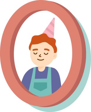 Oval çerçevede parti şapkası ve önlüğü giymiş, doğum gününü veya özel bir olayı kutlayan gülümseyen bir çocuğun çizgi film stili çizimi.