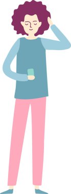 Kıvırcık mor saçlı, mavi gömlekli, pembe pantolonlu, akıllı bir telefon tutan ve saçını tek eliyle düzelten genç bir kadın.