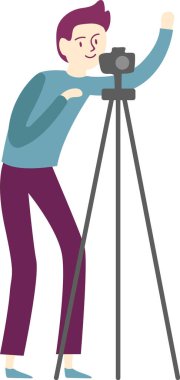 Kameraman fotoğraf çekiyor ya da kameradan kameraya bakıp el sallıyor. Beyaz arka planda basit düz vektör çizimi.