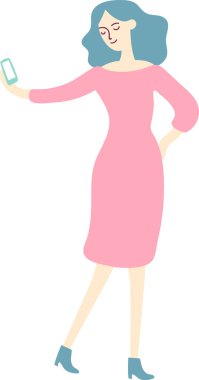 Mavi saçlı, pembe elbiseli ve mavi çizmeli, akıllı telefonuyla beyaz bir arka planda izole bir şekilde selfie çeken genç bir kadının tam boy çizimi.