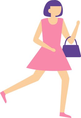 Mor bir çanta ve pembe bir elbiseyle koşan genç bir kadın, alışveriş, acele, geç kalmak ya da aktif bir yaşam tarzı gibi kavramları temsil ediyor.