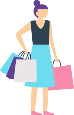 Canlı mor saçlı genç bir kadın, günlük kıyafetler giymiş, başarılı bir alışveriş gezisinden sonra içi yeni kıyafetlerle dolu alışveriş çantaları taşıyor.