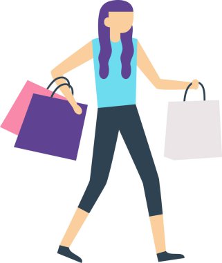 Mutlu bayan müşteri, alışveriş torbalarıyla dükkanlardan eve yürüyor, yeni alışverişler yapıyor, kıyafet ve hediyeler alarak eğleniyor.