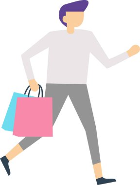 Giysi ve hediyelerle dolu alışveriş torbaları tutarken mutlu müşteri koşuyor. Satış sırasında veya Kara Cuma 'da başarılı bir alışveriş çılgınlığını kutluyorlar.