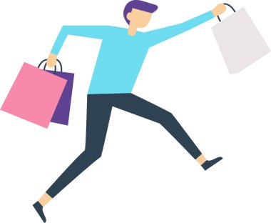 Alışveriş torbaları tutarken mutlu müşteri koşuyor, perakende terapinin keyfini çıkarıyor, satın almaların, satışların ve canlı tüketim deneyiminde indirimlerin tadını çıkarıyor.