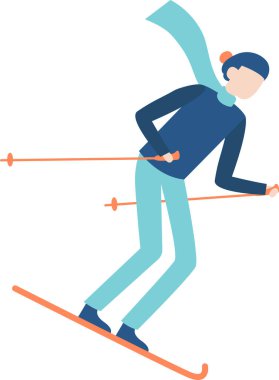 Kış kıyafetleri giymiş profesyonel kayakçı kayak direklerini tutarken yokuş aşağı süzülüyor, kış tatillerinin tadını çıkarıyor karla kaplı manzaralarla çevrili pitoresk bir dağ beldesinde.