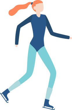 Mavi bir yarışma kıyafeti giyen kızıl kafa buz üstünde süzülüyor, dinamik ve zarif bir gösteri sergiliyor, atletizm ve sanatçılık sergiliyor.