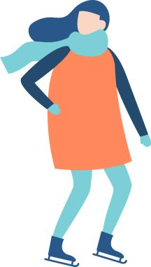 Kış kıyafetleri ve eşarpla buz pateni yapan genç bir kadın kış sporlarının ve açık hava aktivitelerinin tadını çıkarıyor. Minimalist düz vektör çizimi.