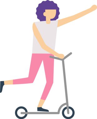 Canlı mor saçları olan, günlük kıyafetleri ve pembe taytları olan, scooter süren, neşeli bir şekilde el sallayan, tasasız bir şehir yaşam tarzını somutlaştıran genç bir kadın.