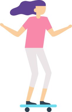 Açık mavi bir kaykayın üzerinde dengede duran genç bir kadın açık havada güneşli bir günün tadını çıkarıyor pembe bir tişört, beyaz tozluklar ve siyah ayakkabılar giyiyor uzun mor saçları rüzgarda uçuşuyor.