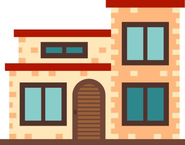 Kırmızı çatılı, ahşap kapılı ve birden fazla penceresi olan iki katlı bir ev. Sıcak, davetkar estetik bir ev tasarlanmış.