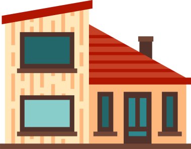 Eğimli çatısı, bacası ve geniş pencereleri olan modern bir ev, sürdürülebilir mimari ve konut ortamında çevre dostu yaşam göstermektedir.