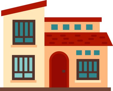 Büyüleyici iki katlı ev, kırmızı kiremitli çatısı, kemerli ahşap kapısı ve birden fazla penceresiyle, sıcak ve davetkar bir atmosferi çağrıştırıyor.