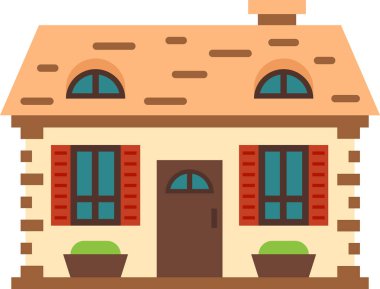 Kırmızı panjurları, fayanslı çatısı, bacası ve saksısı olan, hoş ve misafirperver bir atmosferi çağrıştıran büyüleyici bir banliyö evi tasviri.