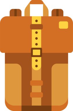 Süslü ve dayanıklı seyahat çantası içinde kahverengi deri yapı, sarı tokalar ve kayışlar, cepler ve açık hava maceralarında gerekli şeyleri taşımak için mükemmel bir kapanış var.