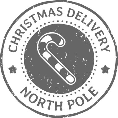 Kuzey Kutbu 'ndan yuvarlak gri bir Noel pulu. Ortasında yıldızlar ve noktalı süslemelerle çevrili bir şeker kamışı var. Temiz beyaz bir arkaplanda izole edilmiş.