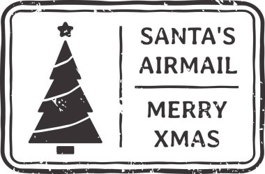 Noel ağacı ikonu ve Noel Baba 'nın havayolu postasıyla dokulu bir tasarım içeren bir Noel vektör damgası. Kutlama sezonunda herkese mutlu Noeller diliyor.