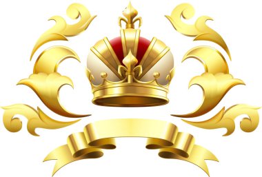 Kırmızı ve beyaz kadife ve altın kurdeleli altın kraliyet tacı beyaz bir zemin süslüyor, lüks ve kraliyet arması oluşturuyor.