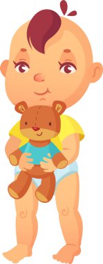 Bebek bezi giyen, bebek bezi giyen, ayakta duran ve elinde oyuncak ayıyla beyaz arka planda izole edilmiş bebek bakımı, ebeveynlik ve bebek ürünleri temaları için ideal bir bebek.