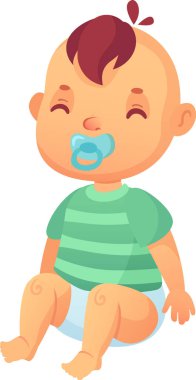 Bebek bezi ve yeşil çizgili tişört giyen, ağzında emzik tutan, bacakları bükülmüş ve gözleri neredeyse beyaz bir arka planda kapalı oturan çizgi film bebeği.