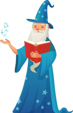 Uzun beyaz sakallı, mavi şapkalı ve cüppeli yaşlı büyücü kırmızı büyü kitabını okurken eliyle büyü yapıyor...