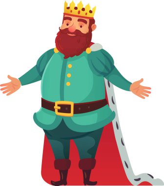 Neşeli bir kralın karikatür çizimi, altın bir taç ile süslenmiş, canlı yeşil elbiseler ve çarpıcı kırmızı bir pelerin giymiş, kolları açık bir hoş geldin jesti ile duruyor.