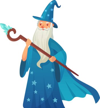 Canlı mavi bir cübbe ve şapka giymiş, sihirli bir değnek tutan, parlak bir kristal ile parıldayan bir çizgi film sihirbazı, garip bir fantezi illüstrasyon güçlü bir büyü