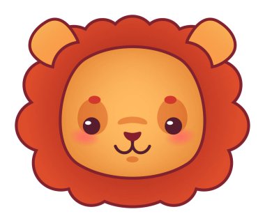 Sevimli karikatür aslan yavrusu, geniş bir gülümsemeyle pofuduk yelesi ve canlı turuncu kürkü sergiliyor, çocuk ürünleri için ideal, neşeli logolar ve neşeli çizimler.