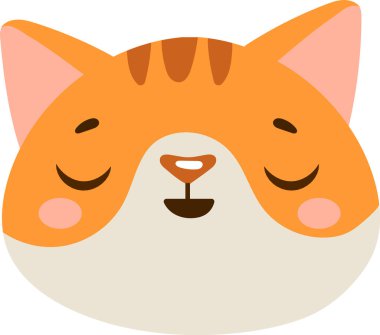 Kapalı gözlü ve içerik ifadeli turuncu kedi suratının hoş bir çizgi film çizimi. Basit tasarım yumuşak renkler ve yuvarlak şekiller içerir, çocuk malzemeleri için mükemmeldir.