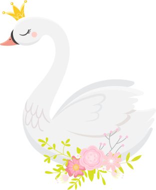 Altın taç takan, pembe çiçekler ve yeşil yapraklarla çevrili görkemli beyaz bir kuğunun hoş bir çizimi rüya gibi ve zarif bir atmosfer yaratıyor.