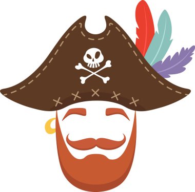 Kafatası ve çapraz kemiklerle süslenmiş, açık denizlerin maceraperest ruhunu somutlaştıran tüylü bir trikorne şapkayla süslenmiş neşeli bir korsanın yer aldığı karikatür çizimi