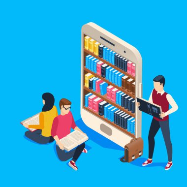 Öğrenciler kağıt kitap okurken, bir öğretmen dev bir akıllı telefon ekranından online kütüphane kitaplığı sergiliyor, çevrimiçi eğitimi destekliyor ve öğrenmeyi destekliyor.