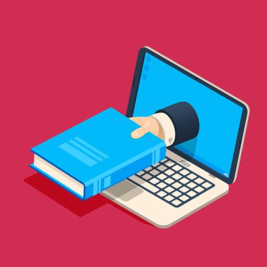 İşadamlarının elleri dizüstü bilgisayardan uzatılmış, mavi bir kitap sunuyor, online eğitim ve öğrenme kavramını canlı kırmızı bir arkaplanda resmediyor