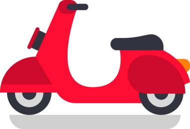 Klasik kırmızı scooter, temiz beyaz bir arka plana park edilmiş, modern yaşam tarzı ve özgürlüğü yakalayan gösterişli, düz, minimalist bir tasarımla şehir hareketliliğini ve ulaşımı temsil ediyor.