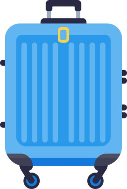 Açık mavi yuvarlanan bavul koyu renk saplı ve tekerlekli, seyahat ve iş seyahatleri için tasarlanmış, modern ve şık bir görünüm için temiz beyaz arka planda izole edilmiş.